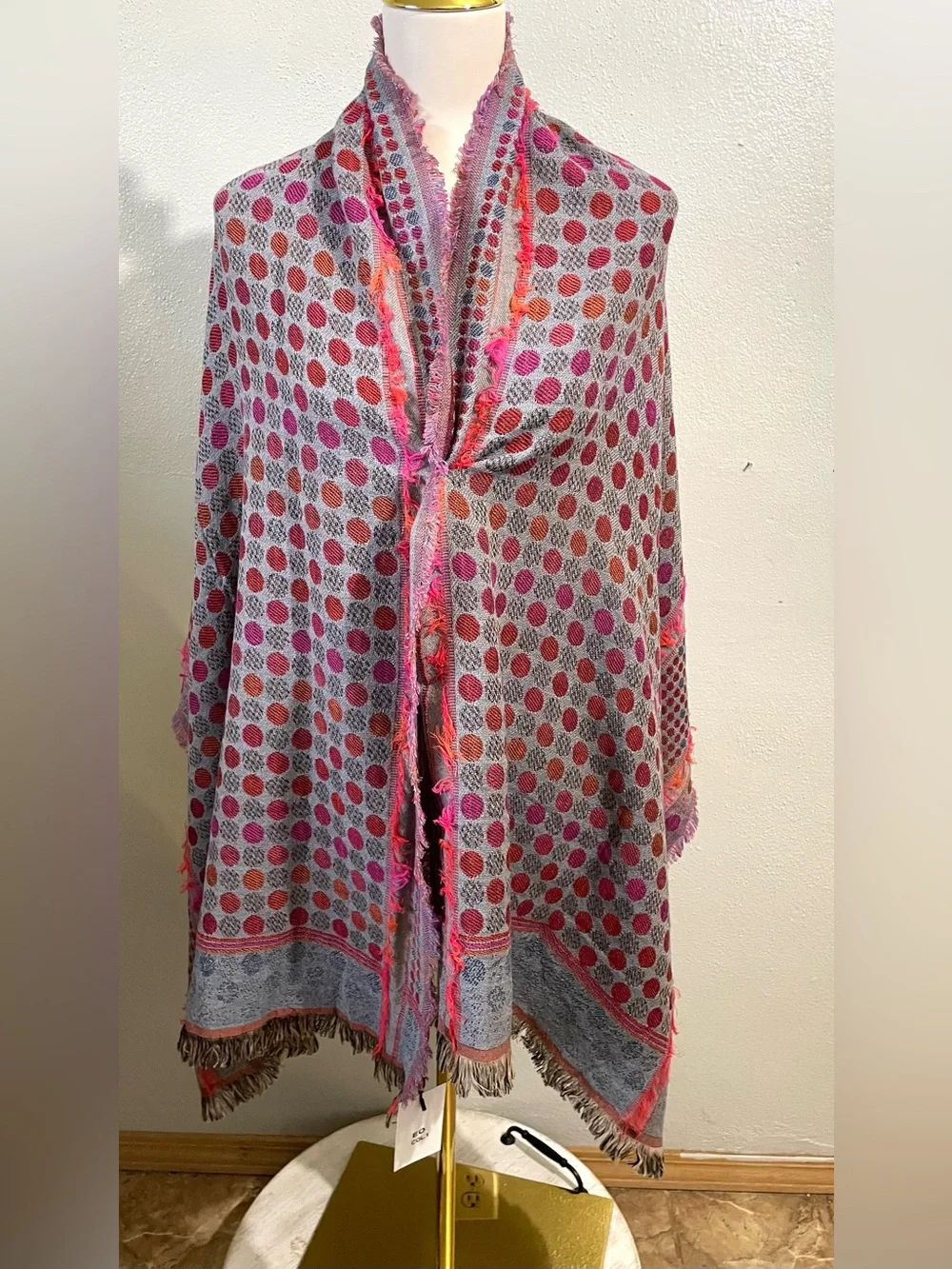 Mi Princena Ines NWT Gray Pink Polka Dot Woven Shawl Wrap Fringe Wool Scarf